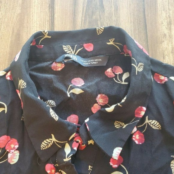 Zara Cherry Blouse XS Button up Shirt Black Cherries Ruffled Bottom - Picture 4 of 4